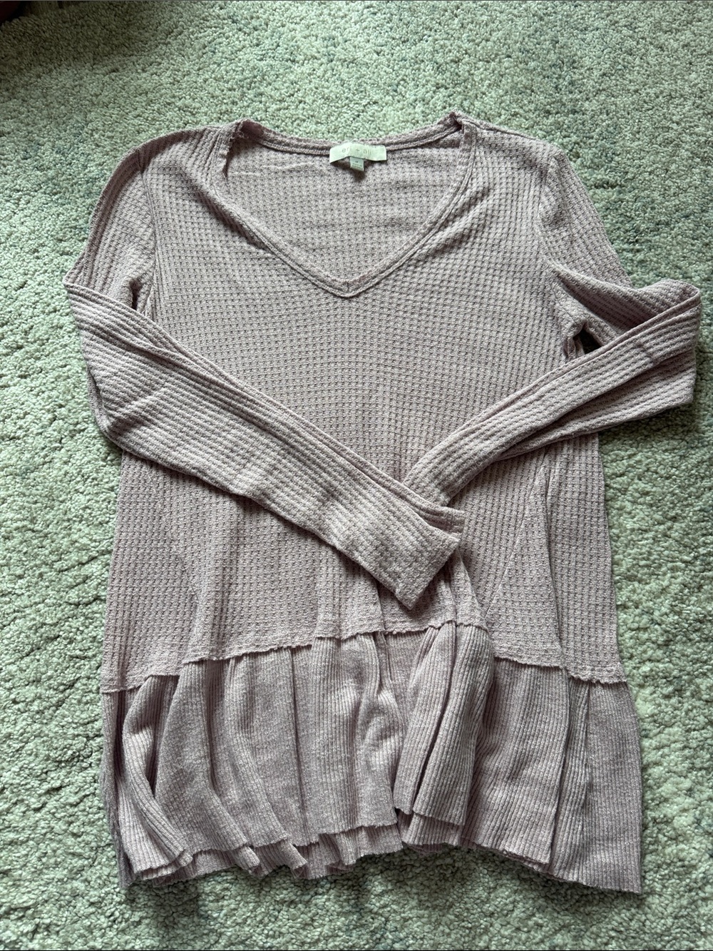 Waffle-Knit V-Neck Long Sleeve Peplum Top - Dusty Mauve